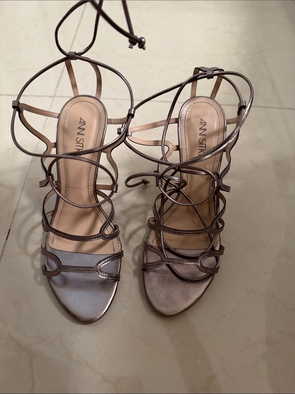 Metallic Bronze Lace-Up Heeled Sandals